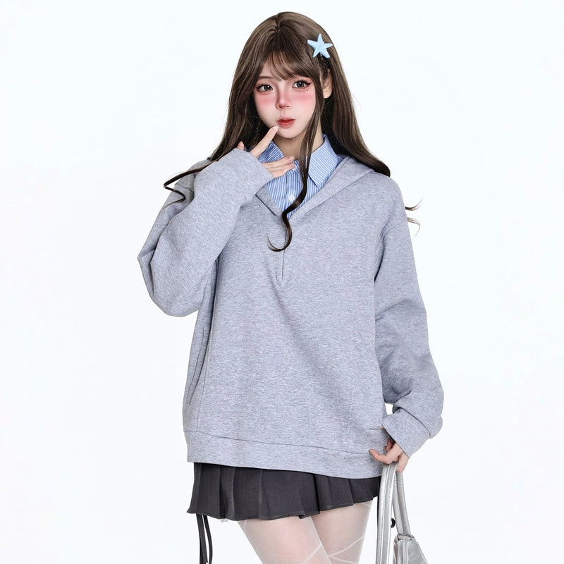 Korean Preppy Style Fake Two-Piece Hooded Sweatshirt