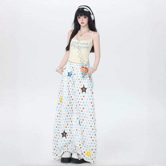 Korean Retro Star Print High Waist Barrel Pants
