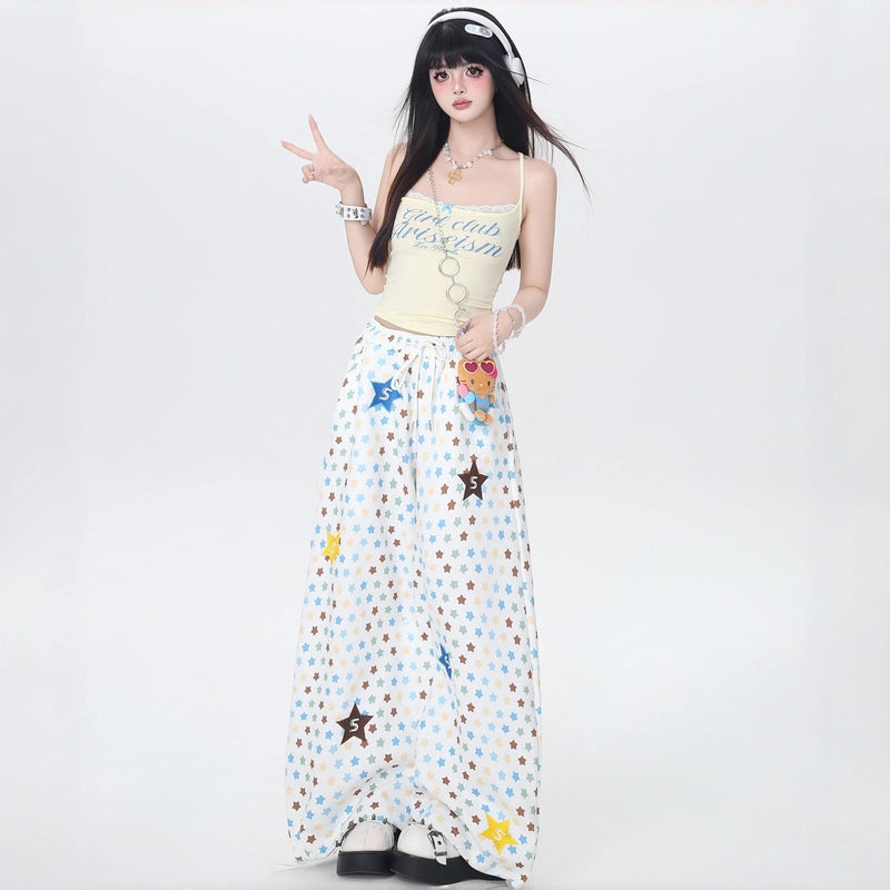 Korean Retro Star Print High Waist Barrel Pants