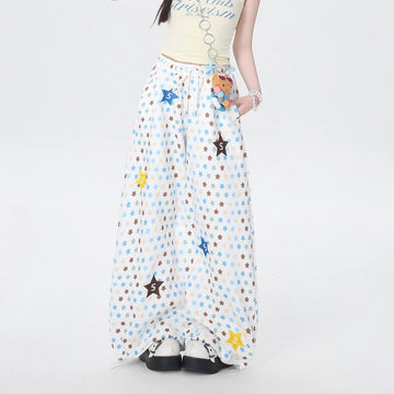 Korean Retro Star Print High Waist Barrel Pants