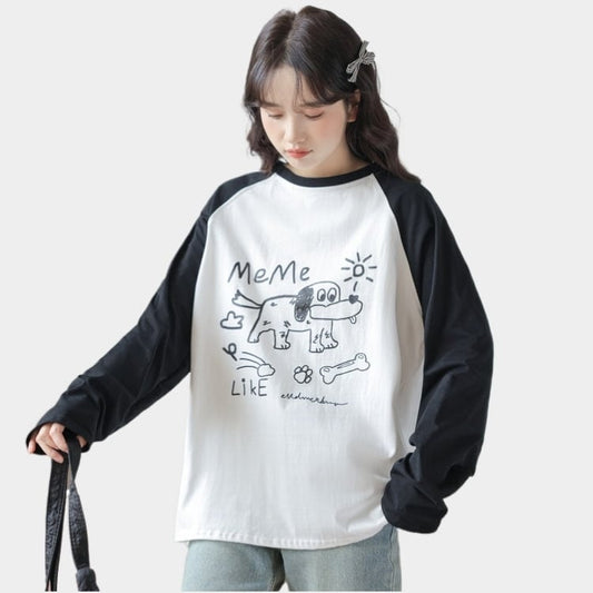 Korean Style Cartoon Puppy Print Round Neck Long Sleeve T-shirt