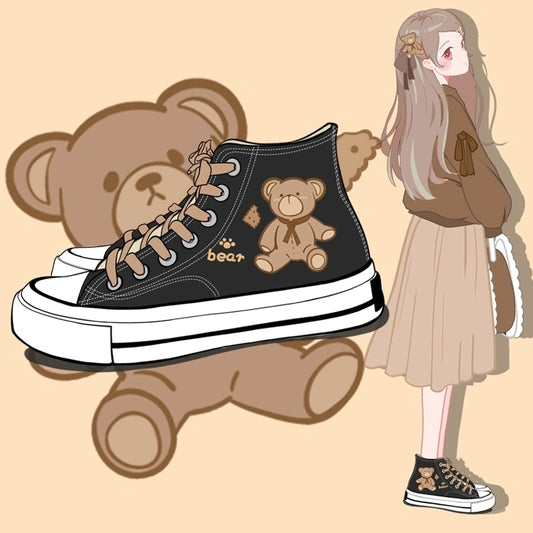 Korean Style Cute Bear Print High-Top Canvas Shoes