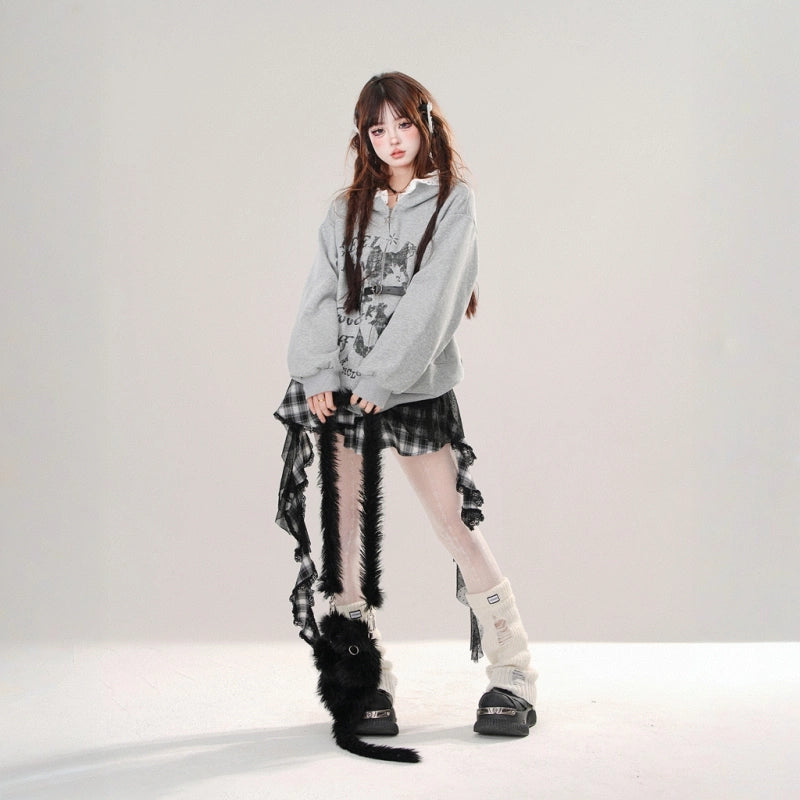 Korean Style Gray Cartoon Cat Hooded Sweatshirt