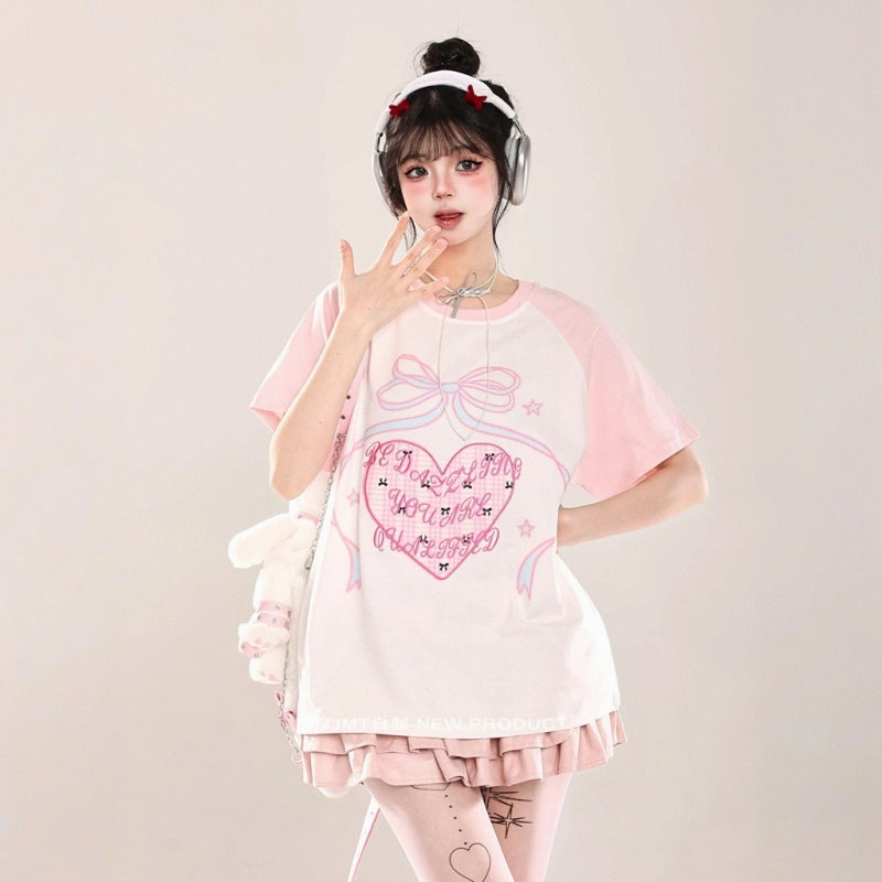 Korean Sweet Cool Style Pink Loving Heart Printed T-shirt