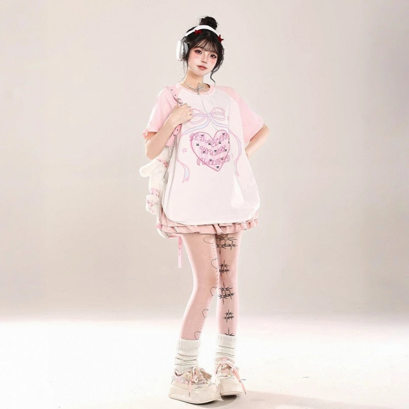 Korean Sweet Cool Style Pink Loving Heart Printed T-shirt