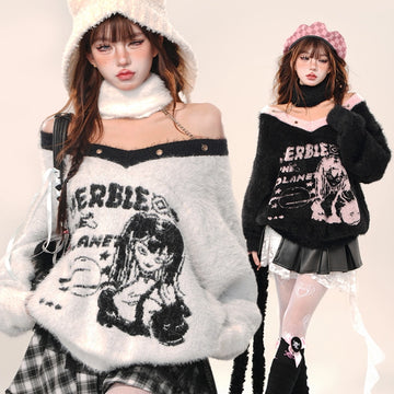 Korean Sweet Girl Style Cartoon Comic Embroidery V-neck Sweater