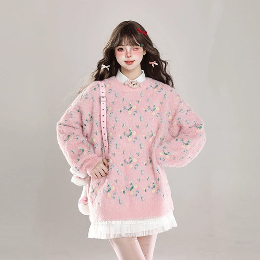 Korean Sweet Girl Style Floral Round Neck Sweater