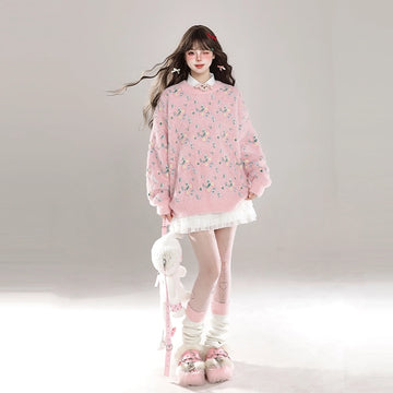 Korean Sweet Girl Style Floral Round Neck Sweater