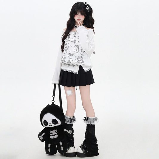 Korean Sweet Girl Style Hello Kitty Printed Off-shoulder T-shirt