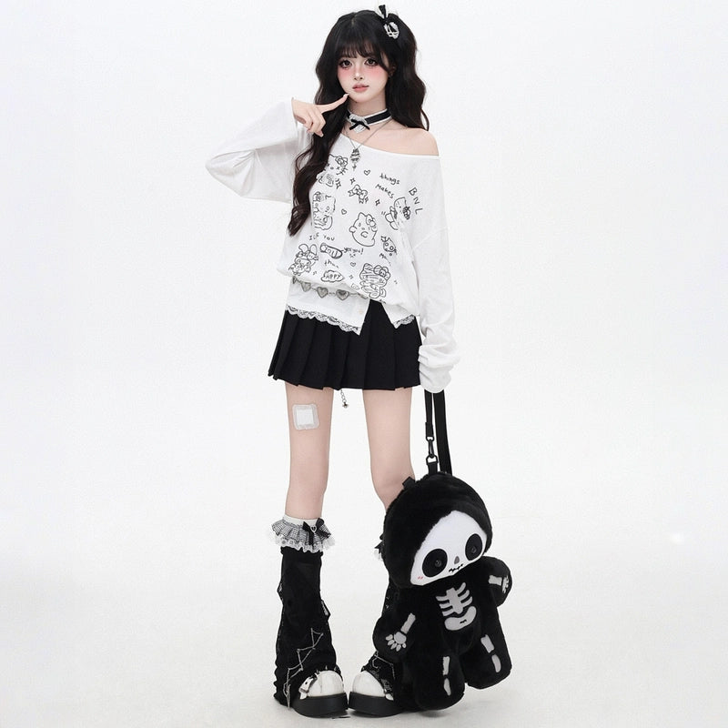 Korean Sweet Girl Style Hello Kitty Printed Off-shoulder T-shirt