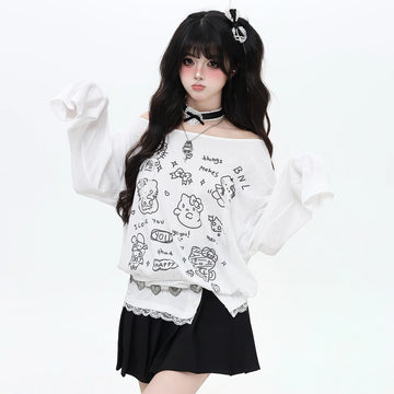 Korean Sweet Girl Style Hello Kitty Printed Off-shoulder T-shirt