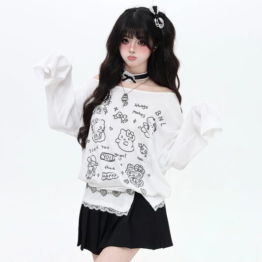 Korean Sweet Girl Style Hello Kitty Printed Off-shoulder T-shirt
