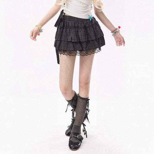 Korean Sweet Girl Style Plaid Lace Puffy Skirt