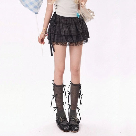 Korean Sweet Girl Style Plaid Lace Puffy Skirt