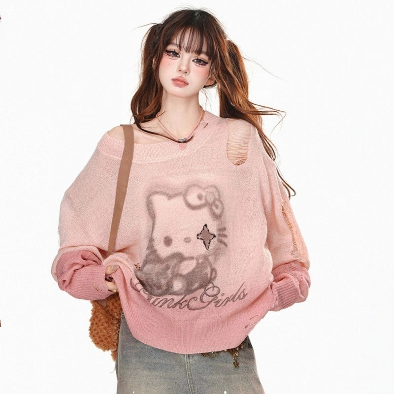 Korean Sweet Hello Kitty Embroidered Off-shoulder Sweater