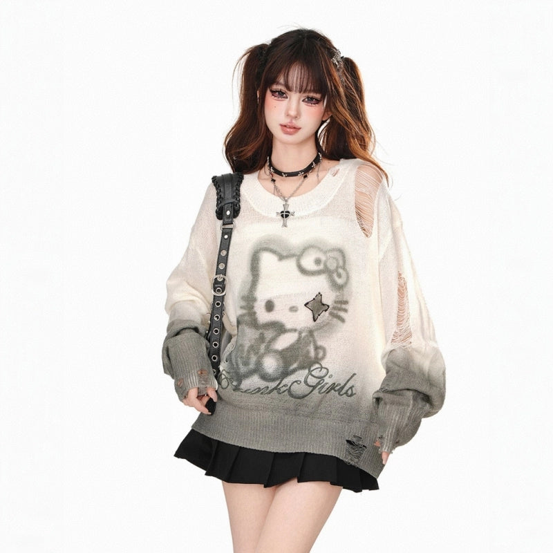 Korean Sweet Hello Kitty Embroidered Off-shoulder Sweater