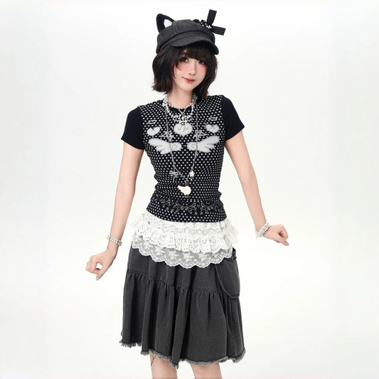 Korean Y2K Polka Dot Slim Fit Crop T-Shirt