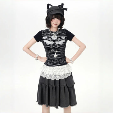 Korean Y2K Polka Dot Slim Fit Crop T-Shirt