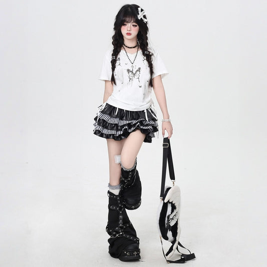 Korean sweet style butterfly lace patch short T-shirt