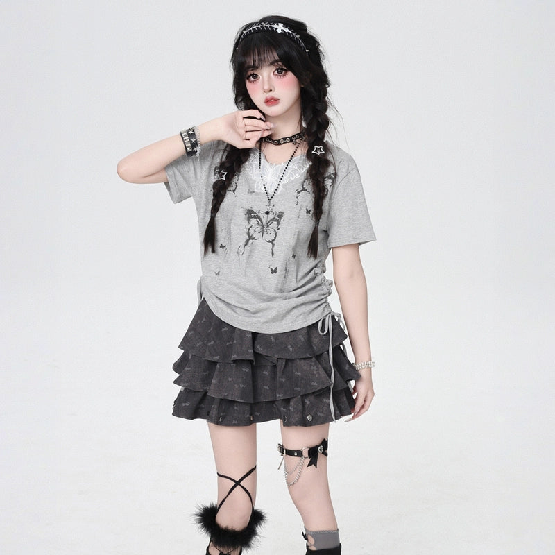Korean sweet style butterfly lace patch short T-shirt