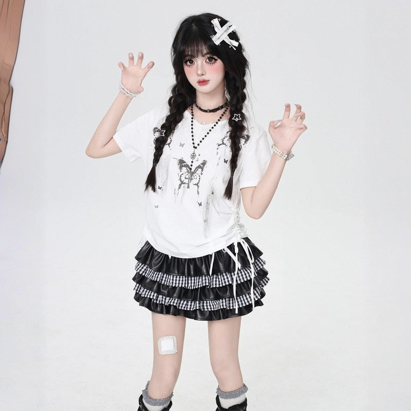 Korean sweet style butterfly lace patch short T-shirt