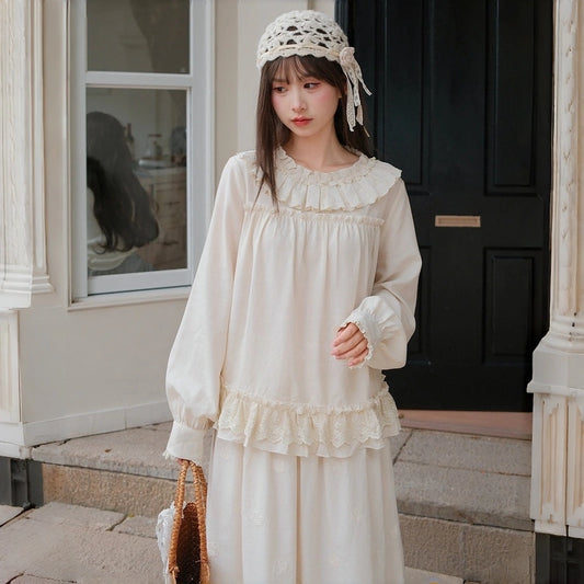 Mori Girl Style White Lace Trim Blouse