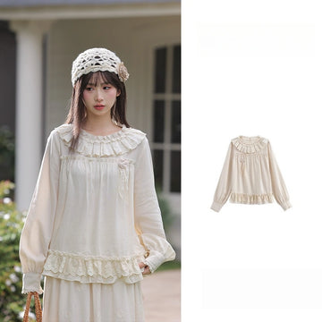 Mori Girl Style White Lace Trim Blouse