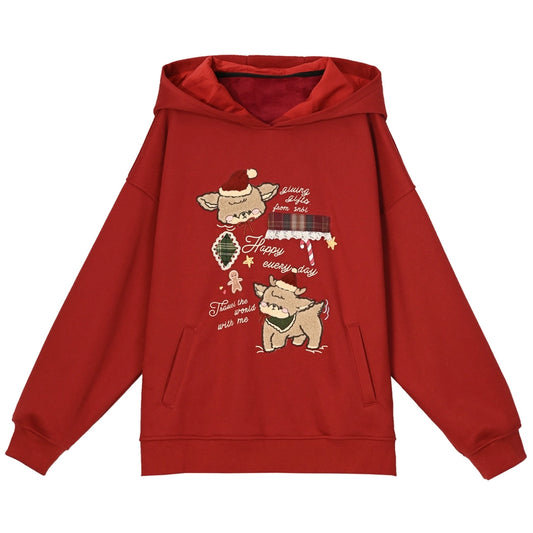 Kawaii Christmas Style Red Cartoon Deer Embroidered Sweatshirt