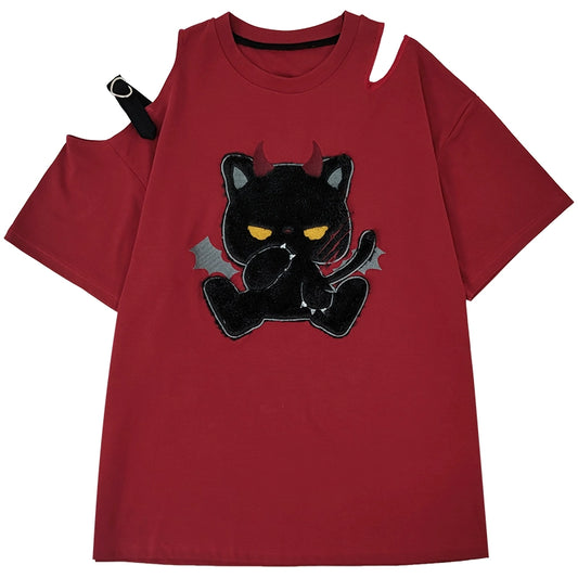 Sweet Cool Style Little Devil Cat Embroidered Off-shoulder T-shirt