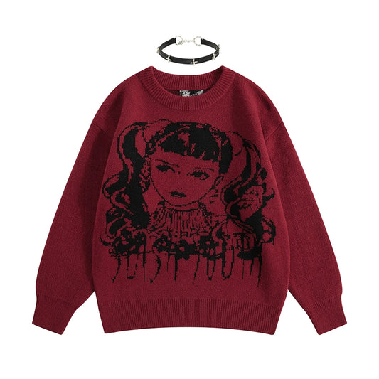 Asian Punk Style Cartoon Girl Print Loose Knit Sweater