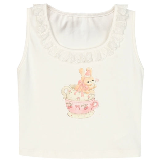 Summer Sweet Girl Style Teacup Bunny Print Vest