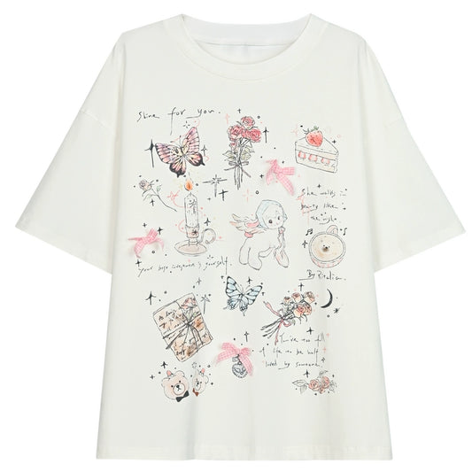 Sweet Girly Style White Comic Print Short-Sleeved T-shirt