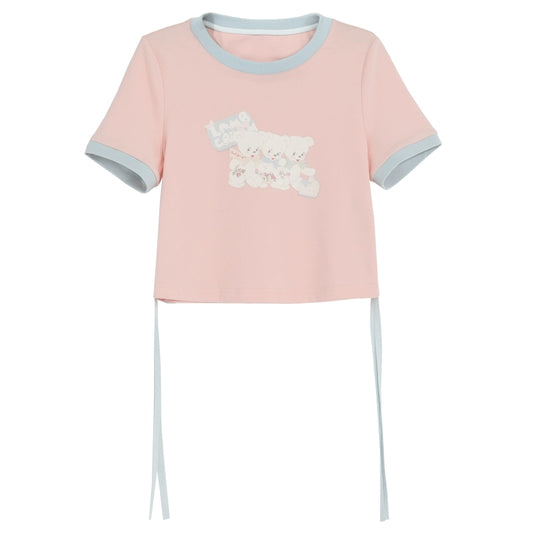 Summer Sweet Girl Style Pink Solid Color Short T-shirt