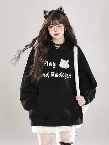Kawaii Sweet Girl Style Black Cartoon Cat Embroidered Sweatshirt
