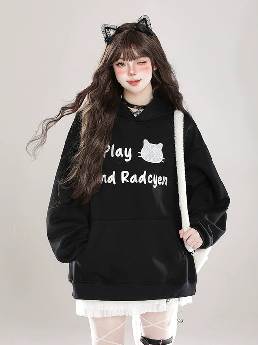 Kawaii Sweet Girl Style Black Cartoon Cat Embroidered Sweatshirt