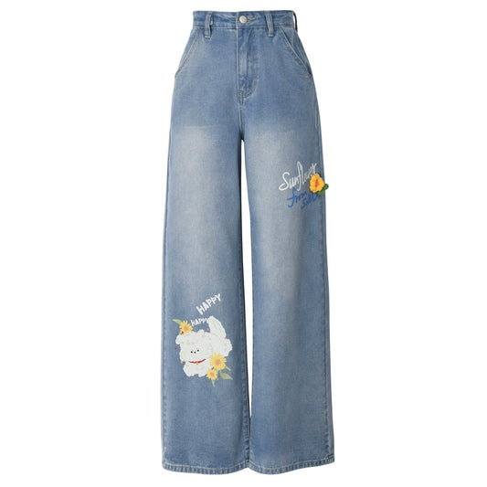 Summer Cartoon Puppy Print Blue High Waist Jeans