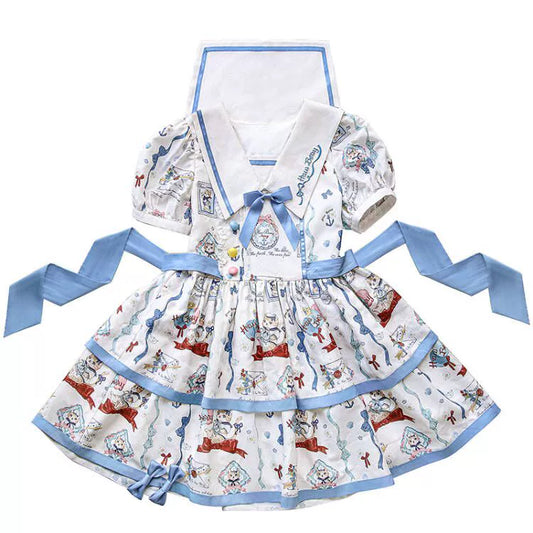 Kawaii Blue Cartoon Navy Cat Print Lolita Dress