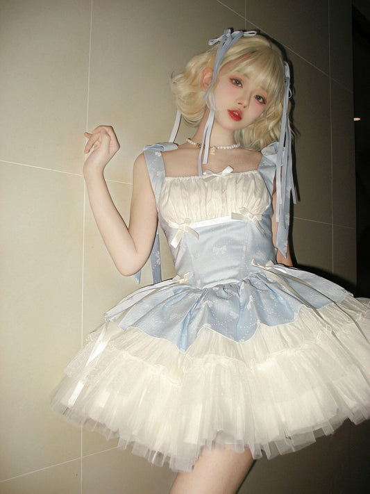 Ballet style blue and white small ribbon lolita dresses