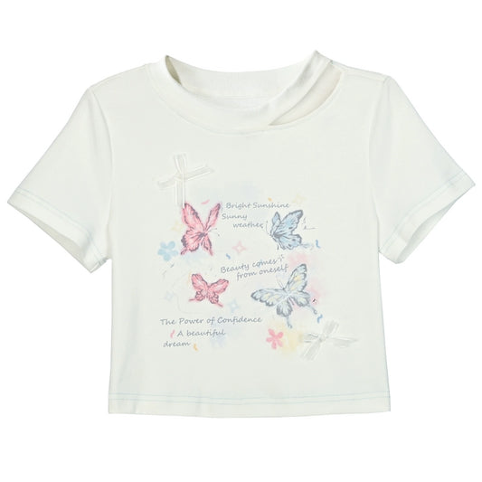 Sweet Girl Style Butterfly Print Round Neck T-shirt