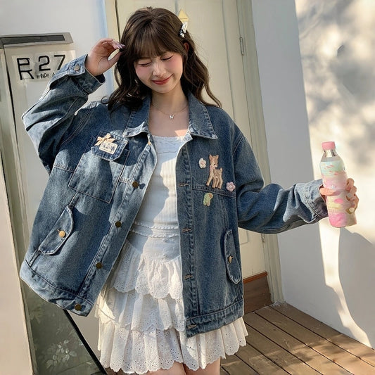 Preppy Style Blue Deer Embroidery Denim Jacket