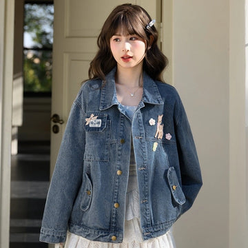 Preppy Style Blue Deer Embroidery Denim Jacket