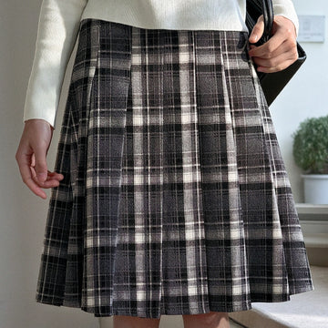 Preppy Style Grey Plaid Pleated Skirt