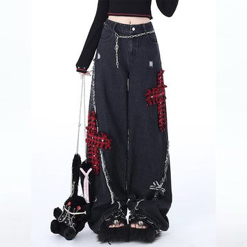 Punk Girl Style Ripped Straight Wide Leg Jeans