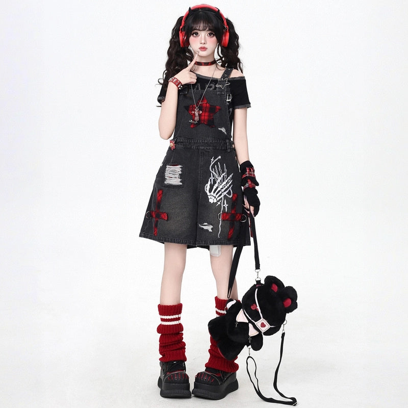 Punk Style Black Ripped Star Embroidered Denim Overalls