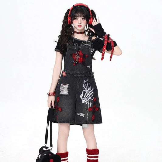 Punk Style Black Ripped Star Embroidered Denim Overalls