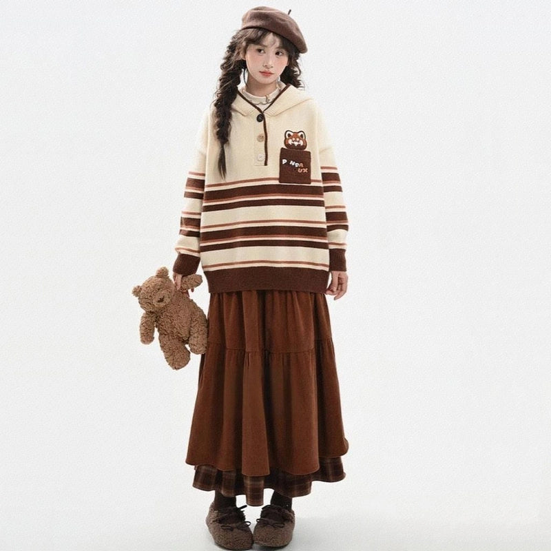 Retro Brown Plaid Paneled A-Line Skirt