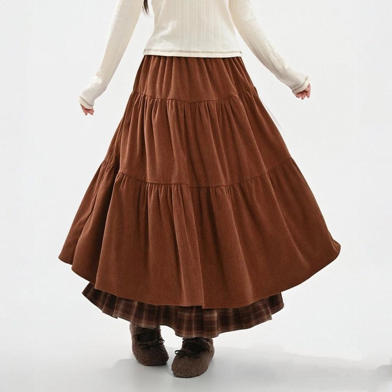Retro Brown Plaid Paneled A-Line Skirt