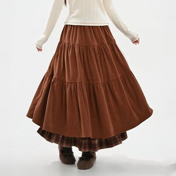 Retro Brown Plaid Paneled A-Line Skirt