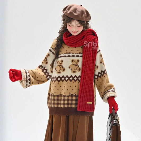 Retro Christmas Style Bear Jacquard Sweater