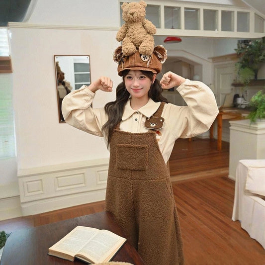 Retro Cute Style Brown Bear Overalls